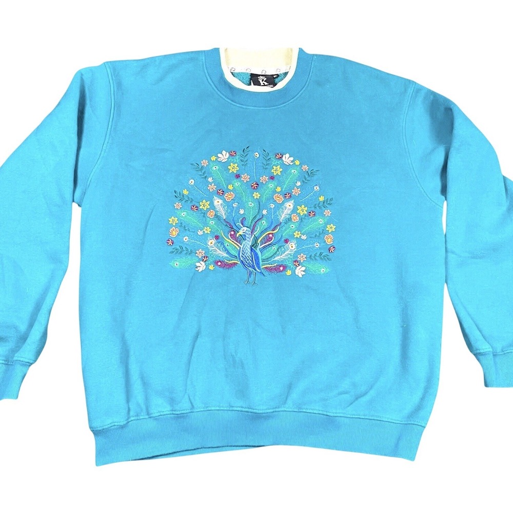 King Universal Womens XL Teal Peacock Embroidered Sweatshirt Cottagecore